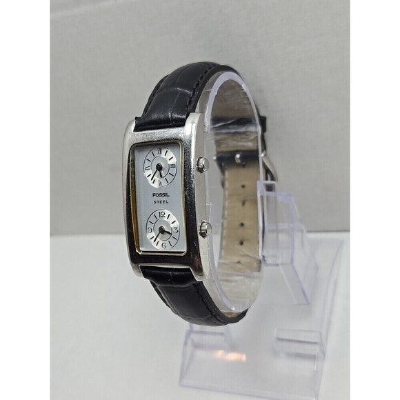 Fossil Steel Dual Time Tank 23mm Watch Silver Black Leather Quartz New Battery main image 8